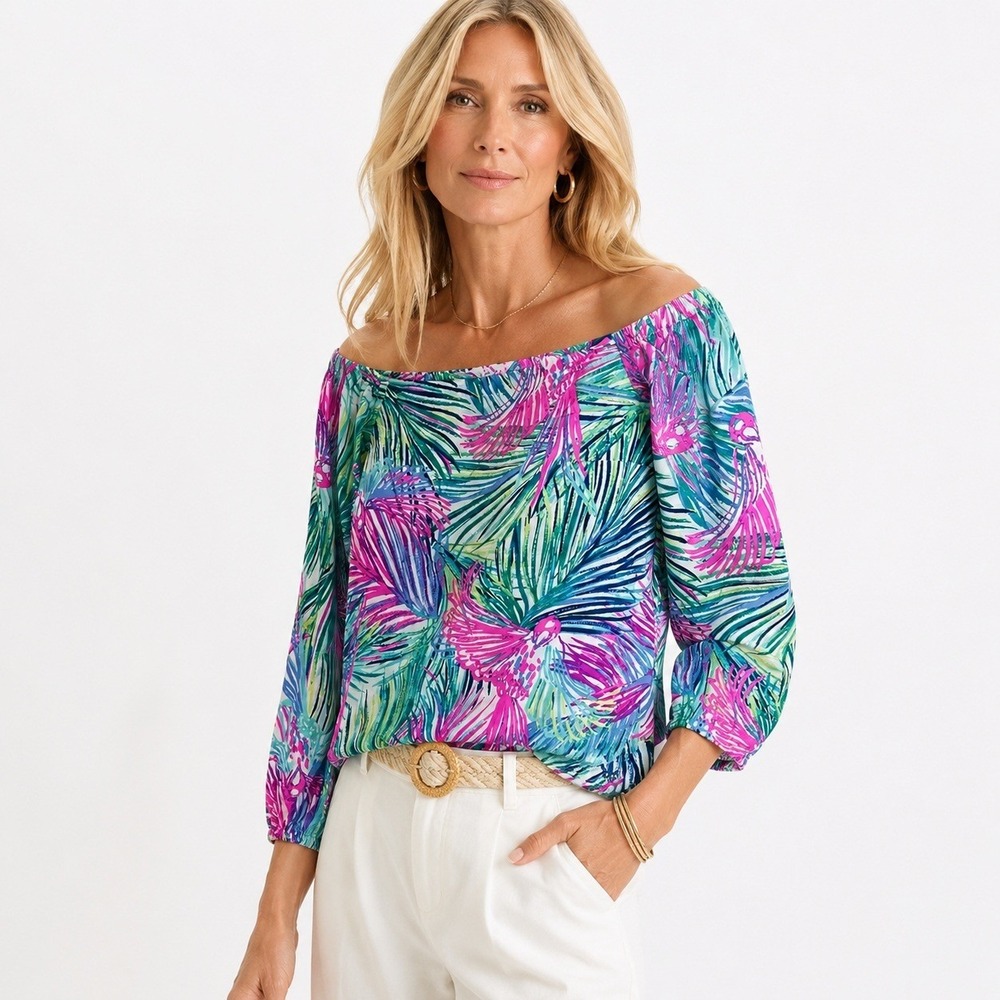 Lilly Pulitzer Adira Silk Off Shoulder Blouse Green Pink Tropical Floral Size XS